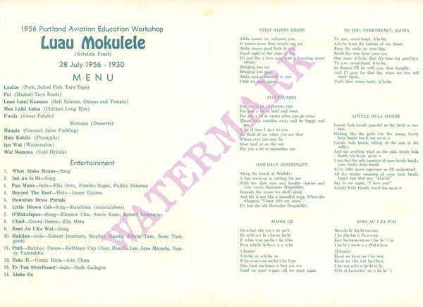 United Airlines 1956 Hawaiian Education Workshop “Luau Mokulele” Menu