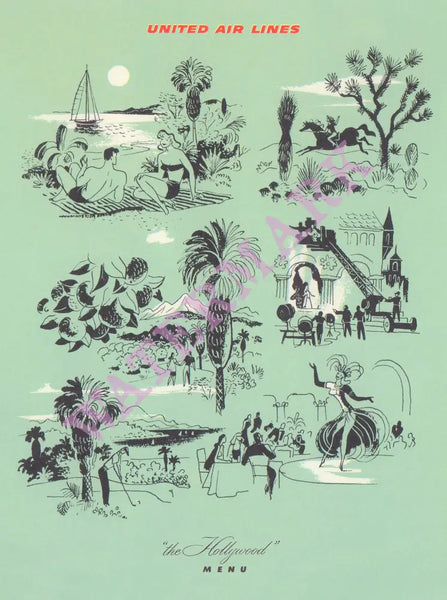 United Airlines, The Hollywood Menu 1950s Menu Art