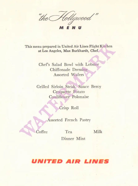 United Airlines, The Hollywood Menu 1950s Menu