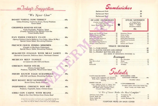 Van's Drive-In, Burbank 1940s Menu
