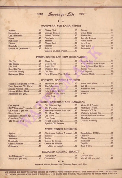 Vivian Laird's Garden of Allah & Bohemia Seal Beach & Long Beach 1940s Beverage List
