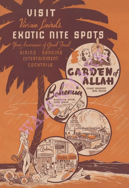 Vivian Laird's Garden of Allah & Bohemia Seal Beach & Long Beach 1940s Menu Art