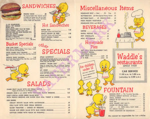 Waddle’s Car Menu for Kids Portland Oregon 1950s Vintage Americana Menus