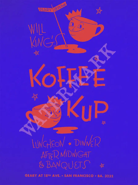 Will King's Koffee Kup, San Francisco 1940s Menu Art