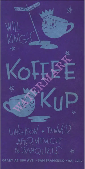 Will King's Koffee Kup, San Francisco 1948 Vintage Menu Art