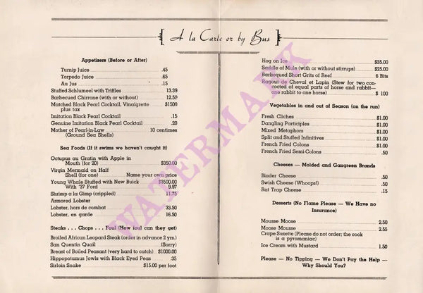 Willard's, Los Angeles 1940s Joke Menu