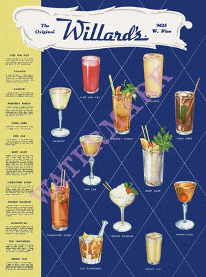 Willard's, Los Angeles 1940s Cocktail Menu Art