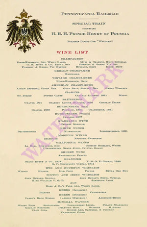 Wine List For Prince Henry of Prussia's Pullman Dining Car "Willard" 1902