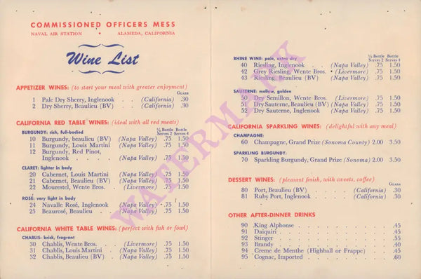 Wine Map of California by Ruth Taylor, Alameda Naval Air Station 1960s Wine List