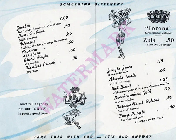 Zombie Hut, Sacramento 1950s Menu