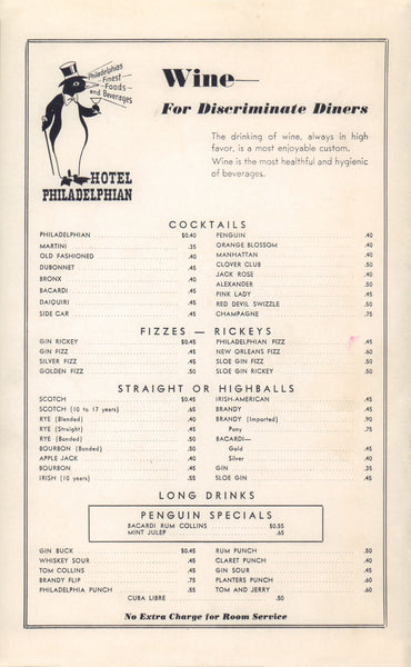 Hotel Philadelphian, Wine List 1940s Menu Design