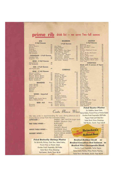 Al Reiner's Prime Rib, Philadelphia 1960s | Vintage Menu Art - cocktail menu