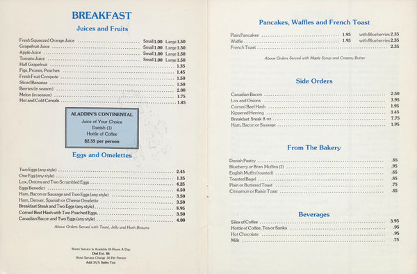 Aladdin Hotel Room Service Breakfast menu