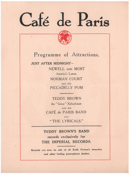 Café De Paris, London 1920s Menu Art | Vintage Menu Art - programme of attractions