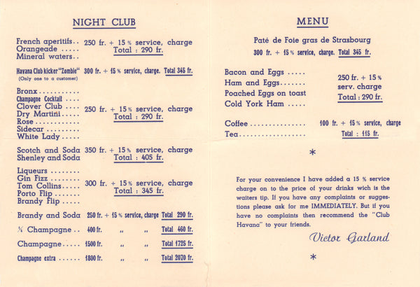 Victor Garland's Club Havana, Nice 1950s | Vintage Menu Art – drinks and food menu