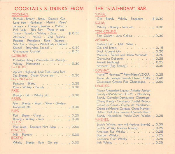 SS Statendam, Holland-America Line - 1930s Vintage Cocktails Menu