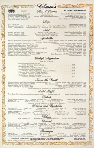 Chasen's, Hollywood 1980s Menu 