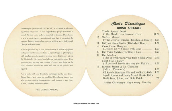 Ched's Lounge, New Orleans, 1960s Menu