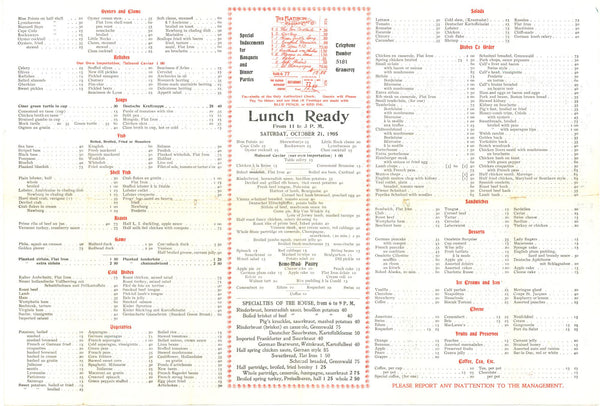 Flat Iron Restaurant & Café, New York 1905 Menu