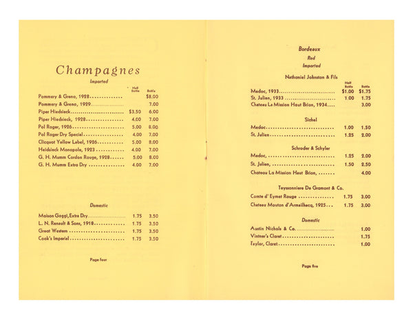 Seaside Hotel, Atlantic City 1930s Wine List