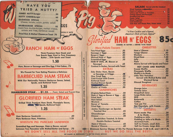 Whistl'n Pig, Portland Oregon 1950s Menu Glorified Ham & Eggs