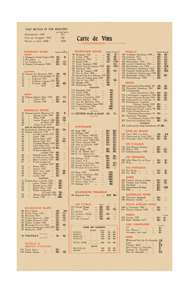 Kettner's Wine List, London 1955
