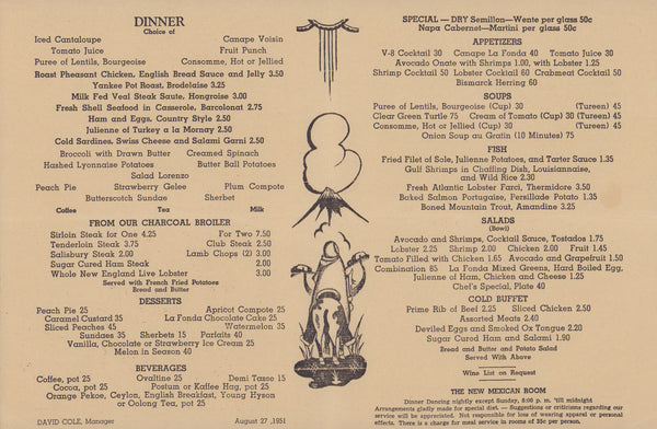 Fred Harvey La Fonda Old Santa Fe 1951 menu