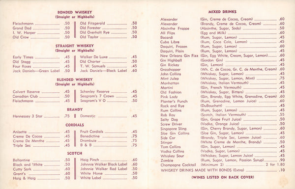 Martin Bros. Liquors, New Orleans, 1940s | Vintage Menu Art - drink menu