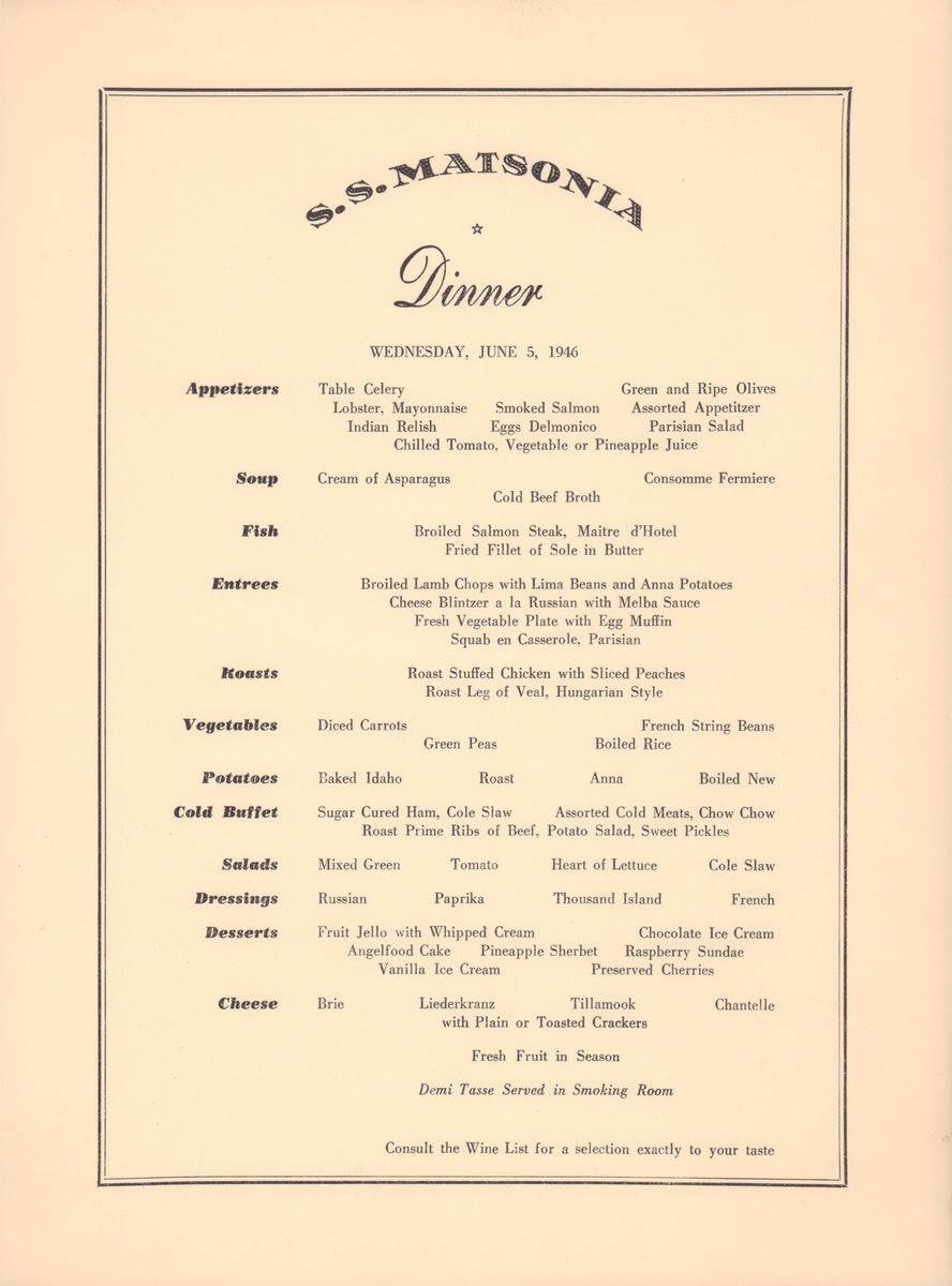 S.S. Matsonia, June 5 1946 – Vintage Menu Art