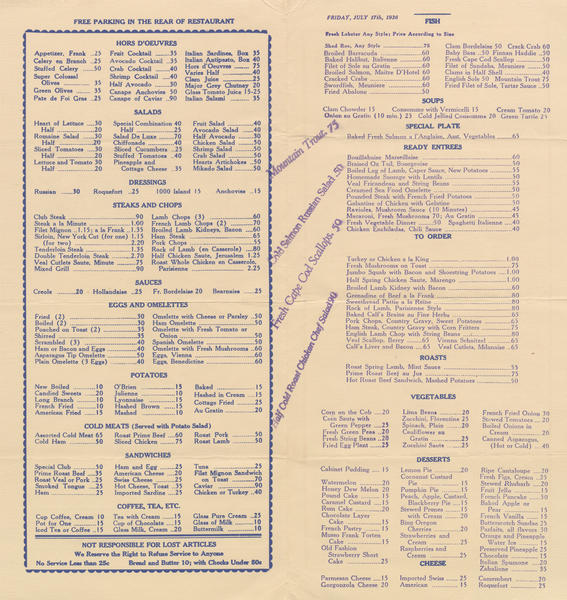 Musso & Franks Grill, Hollywood 1936 Menu