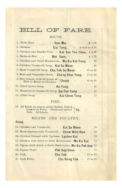 Mon Lay Won Co, New York, 1910 menu interior