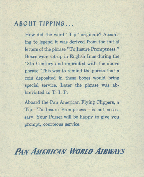 Pan American World Airways Clipper Bar 1930s | Vintage Menu Art - about tipping