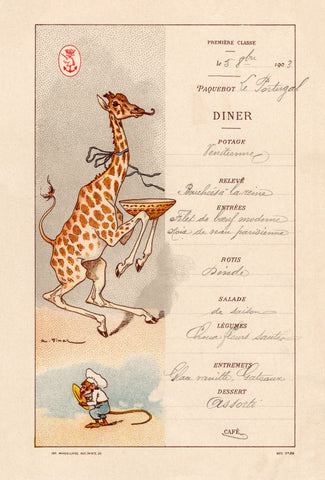 Le Paquebot Portugal 1905 (Giraffe) Menu Art by Auguste Vimar