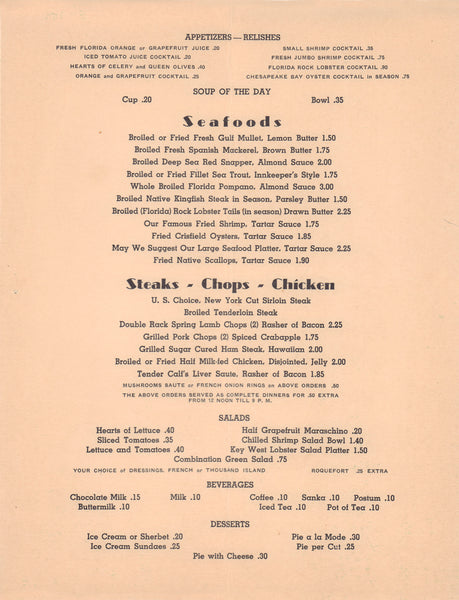 The Pelican, Clearwater Beach 1960s | Vintage Menu Art – dinner menu