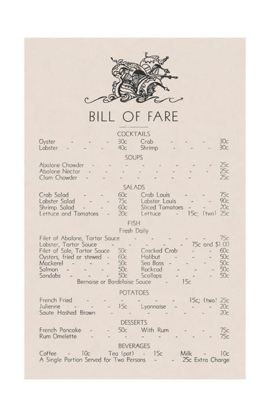Pop Ernest Abalone and Seafood Restaurant Menu, Monterey 1930s