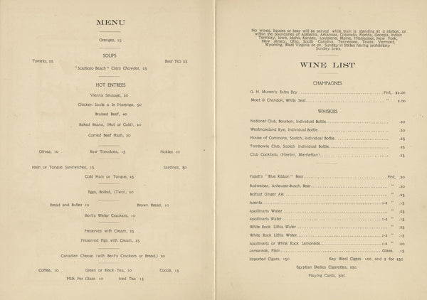 Pullman Buffet Menu and Wine List Early 1900s Menu