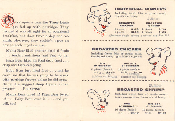 The Three Bears, St Paul 1960s Drive-In menu  