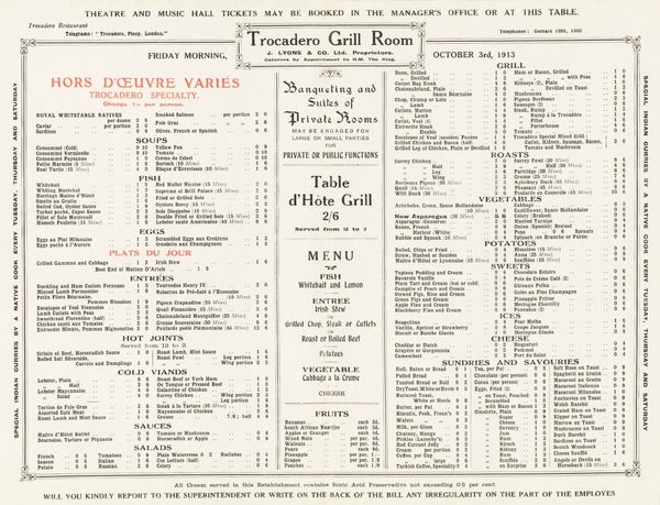 Trocadero Grill Room London 1913 Menu