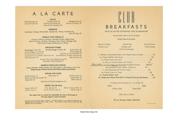 Bismarck Hotel Chicago Breakfast menu 1945
