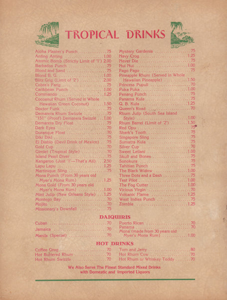 Aloha, Burbank 1960s Drinks menu