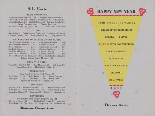 Bal Tabarin, San Francisco 1932/33 New Year's Menu