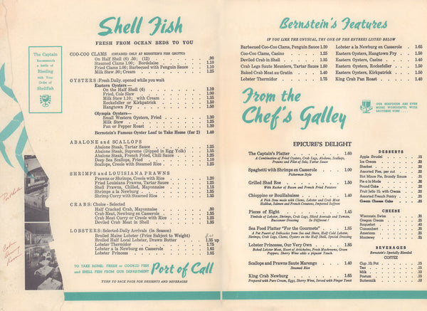 Bernstein's, San Francisco 1950 Menu