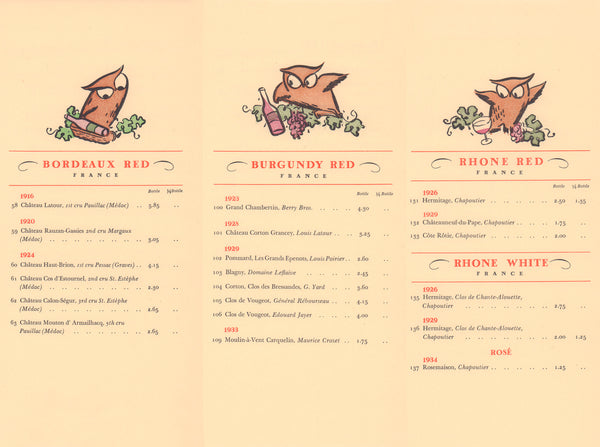 Bohemia Club, San Francisco 1940s Wine List owls