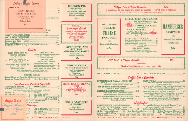 Coffee Dan's, Los Angeles 1950s Menu