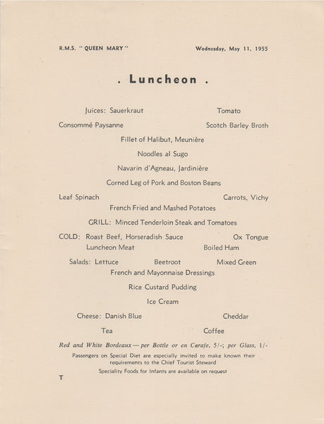 Queen Mary 1955 lunch menu