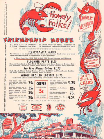 Friendship House, Biloxi 1961 Menu Art