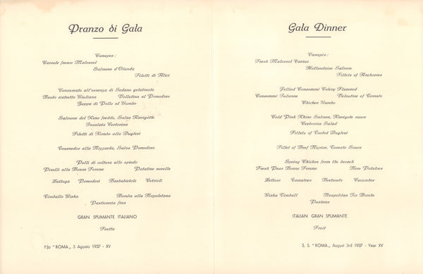 SS Roma 1937 Gala Dinner menu