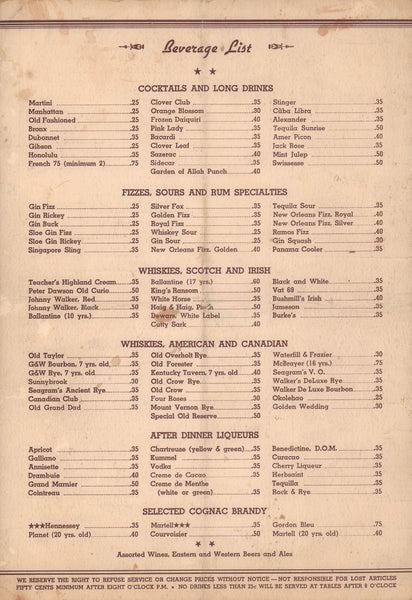 Vivian Laird's Garden of Allah & Bohemia Seal Beach & Long Beach 1940s Beverage List