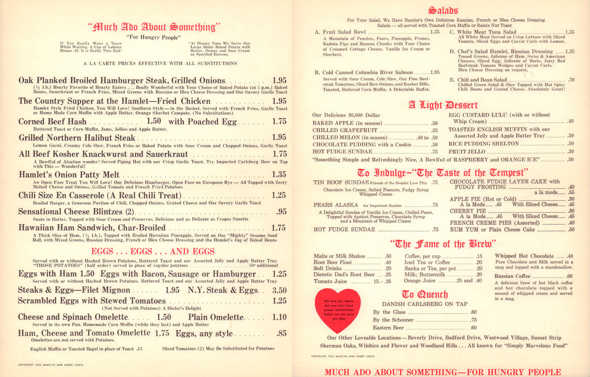 Hamburger Hamlet, Los Angeles 1960s – Vintage Menu Art