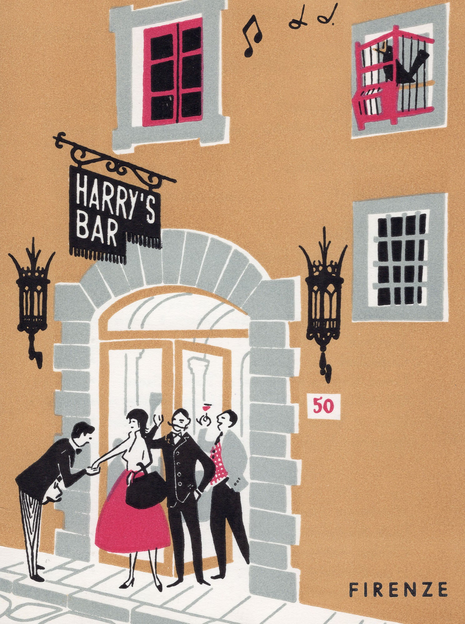 Harry's Bar, Firenze (Florence) 1950s menu art 